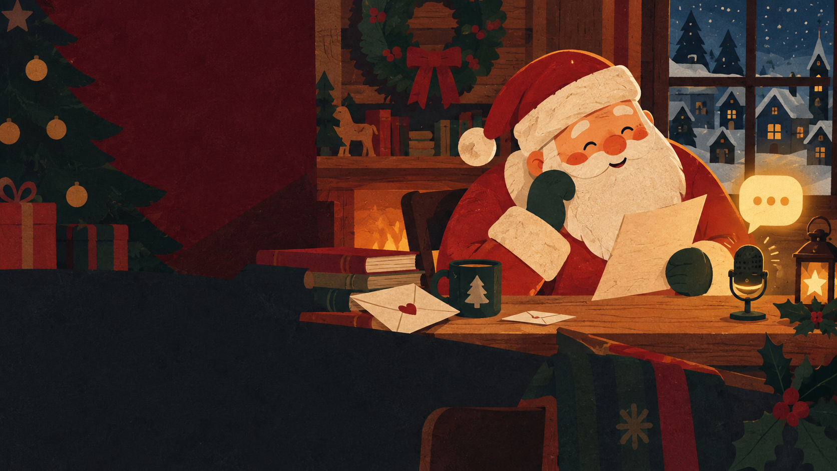 Santa leyendo una carta en su escritorio navideño